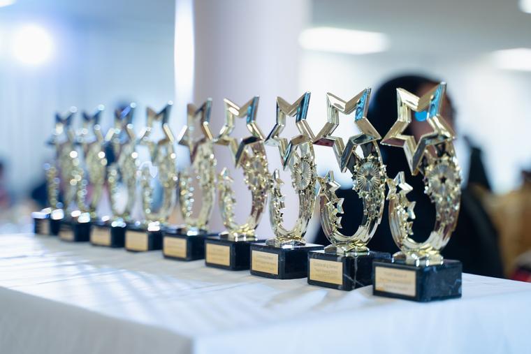A row of star trophies waiting to be presented.